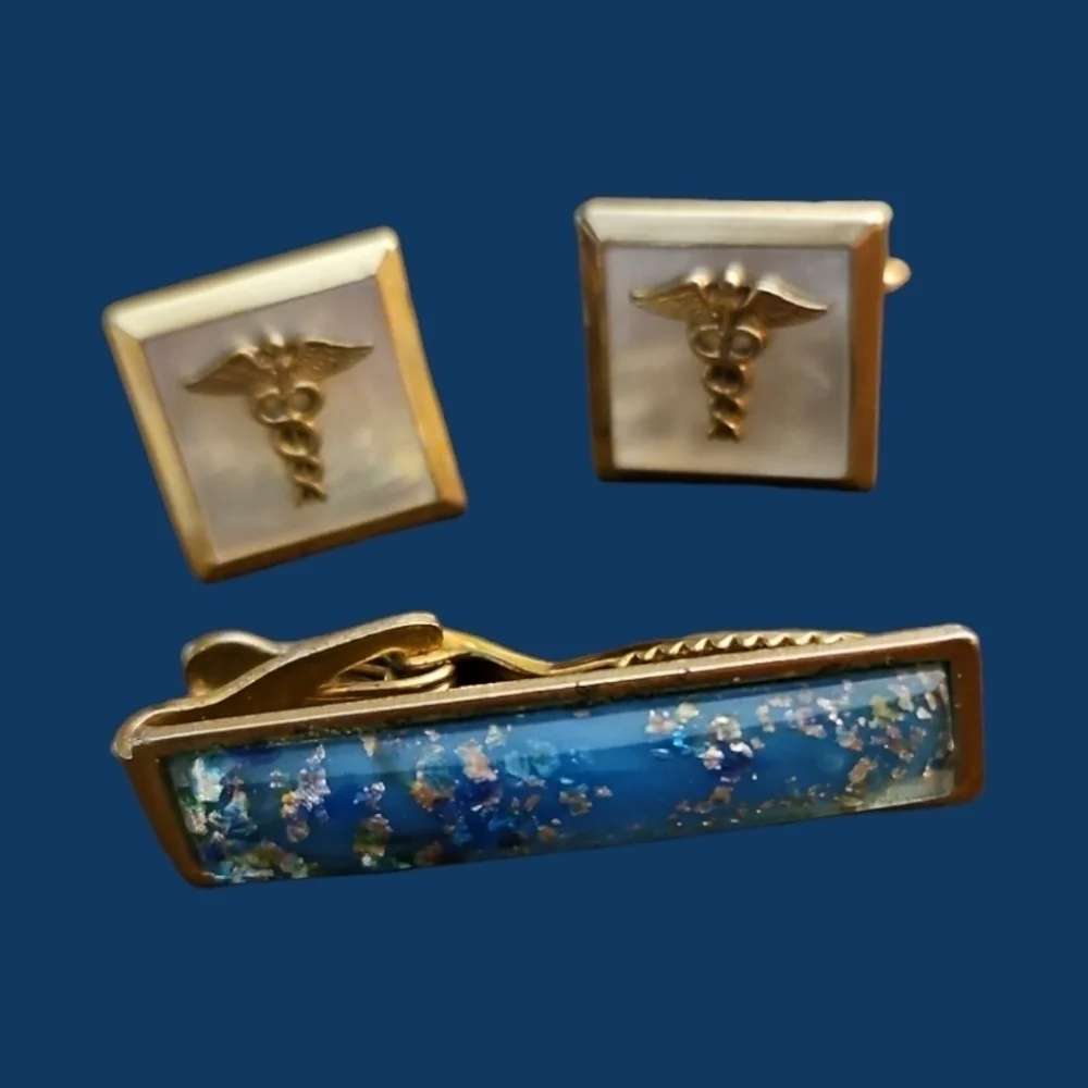 Vintage Goldtone MOP Caduceus Cufflinks and Blue Resin Tie Clip Set